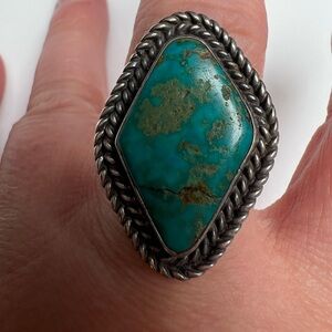 Old Pawn Diamond Shaped Turquoise Sterling Silver 925 Ring, Size 9